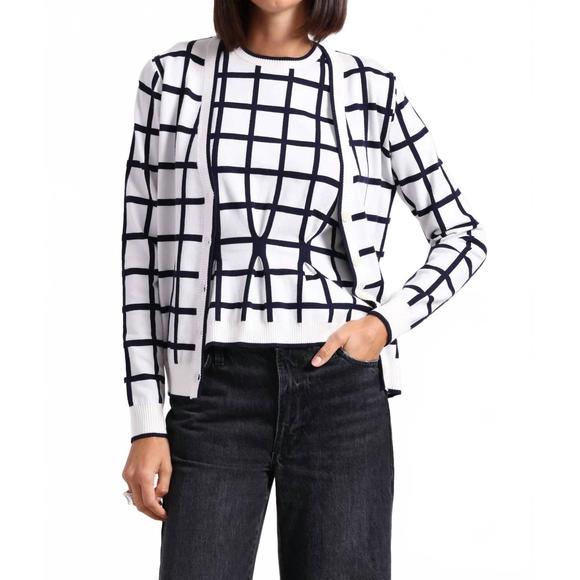 NEW MINNIE ROSE viscose windowpane v-neck cardigan in white/navy